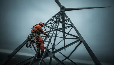 Technician climbing tower structure